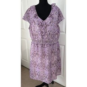Women’s Purple Merona Sz 2X Ruffle Spotted Dress Lined Pockets Cap Sleeve Flare
